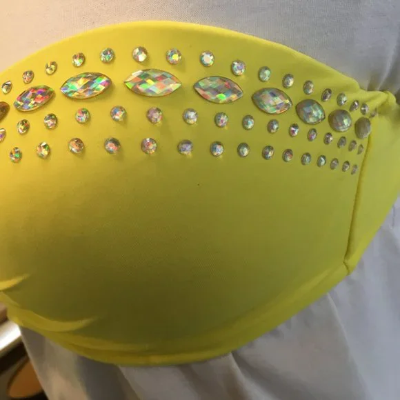 Victorias Secret Bikini Top Padded Push Up Underwire 34D Yellow Jewel Rhinestone - Picture 8 of 13